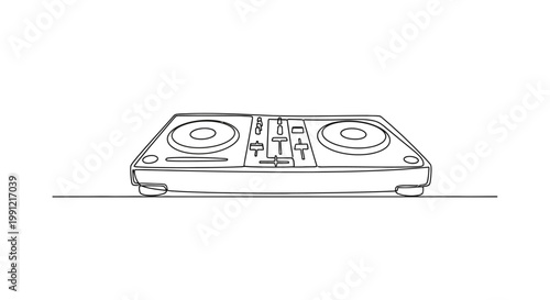 Minimalist DJ Turntable and Mixer Line Art Drawing on White Background