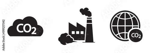CO2 emissions and carbon footprint vector icon set. Global warming, factory pollution, and greenhouse gas black silhouette symbols.