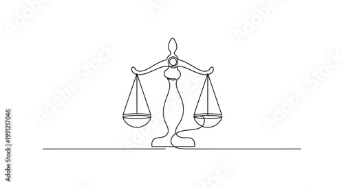 Single line drawing of a vintage scale of justice, symbolizing law, balance, and legal judgment.