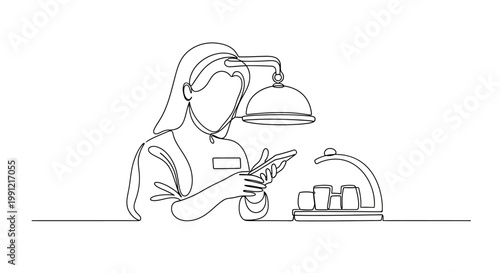 Chef using smartphone at restaurant counter with food warmer and service tray