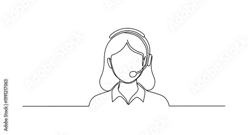 Customer service operator, call center agent, headset, continuous line drawing