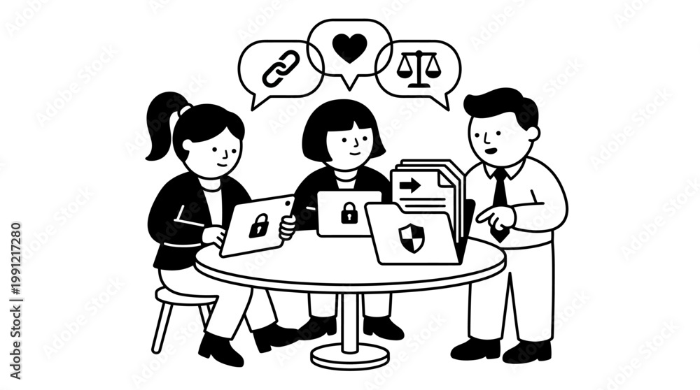 Fototapeta premium Diverse Team Collaborating on Cybersecurity and Legal Compliance Project. EPS Editable. Vector Illustrations.
