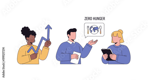 Diverse professionals collaborating on zero hunger initiative and global sustainability goals. EPS Editable. Vector Illustrations.
