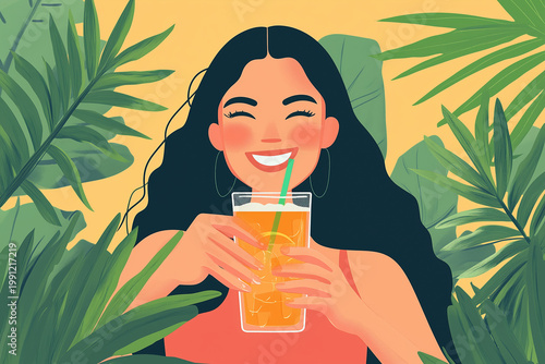 Smiling woman drink iced refreshing summer drinks with vacation vibe.  Perfect for holiday concepts