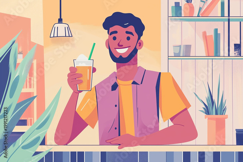 Man selling iced summer drink at coffee bar. Cocktails or mocktails. Tropical vacation vibe. 