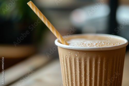 Iced coffee drink in disposable cup and paper straw in cafe with bokeh background. Takeaway concept.