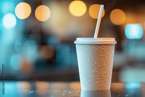 Iced coffee drink in disposable cup and paper straw in cafe with bokeh background. Takeaway concept.