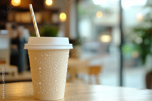 Iced coffee drink in disposable cup and paper straw in cafe with bokeh background. Takeaway concept.