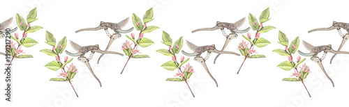 Foto Watercolor seamless border with metal pruning shears plants on white background