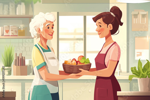 Senior woman receives fresh produce, vegetables from neighborhood. Community support, charity, generosity, kindness. 