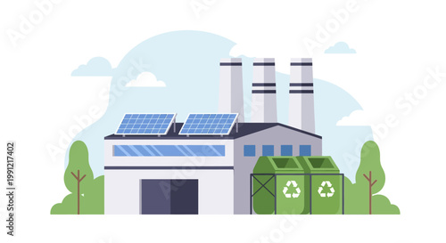 Eco friendly factory building with solar panels and recycling bins. EPS Editable. Vector Illustrations.