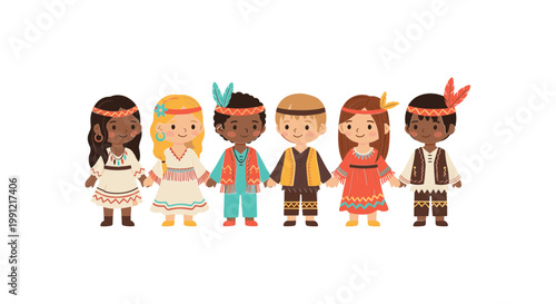 Diverse children holding hands, unity and friendship, multicultural kids, cartoon style