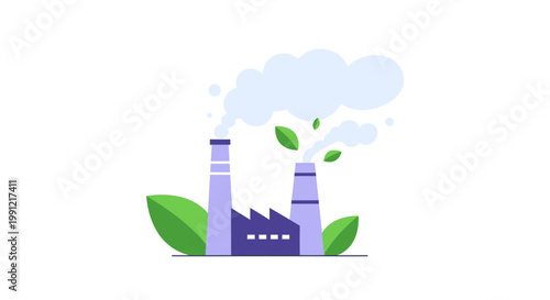 Eco friendly factory with green leaves and clean smoke illustration. EPS Editable. Vector Illustrations.