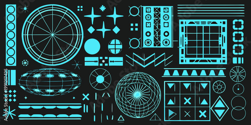 Abstract geometric shapes in cyan on a dark background composition