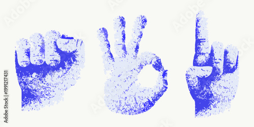 Three blue handprints showing different gesture signs against white background