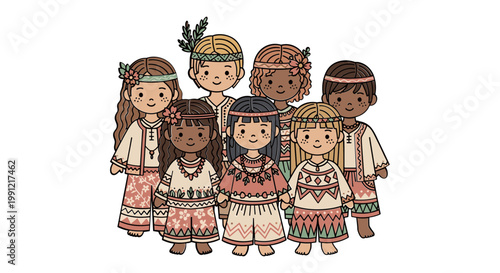 Diverse Group of Children in Traditional Ethnic Clothing, Cartoon Style