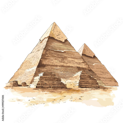 Pyramids of Giza. Pyramids of Giza hand drawn watercolor illustration on white background
