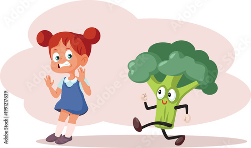 Fussy Eating Girl Scared of Broccoli Vector Illustration. Child being scared of raw vegetable running away from healthy lifestyle