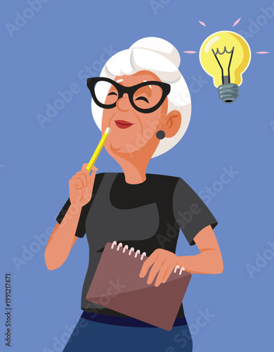 Old Woman with Pen and Notebook Planning Vector Illustration. Elderly lady organizing her schedule using an agenda as planner 
