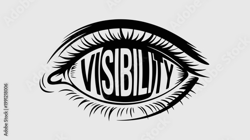 A black and white vector graphic illustration of an eye with the word visibility inside it