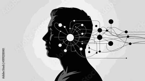 A minimalist vector illustration of a man's head with a neural network emerging from it
