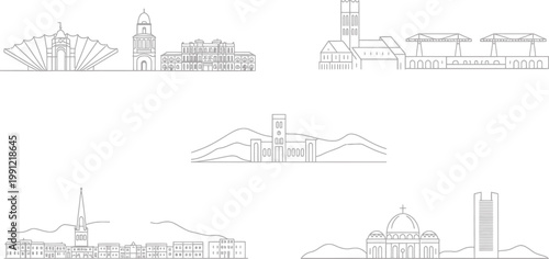 Abstract architectural outlines background thin line ghosted pattern featuring overlay of various global city icons