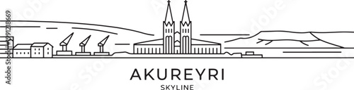Akureyri iceland cityscape thin line art vector silhouette panoramic illustration with famous landmarks and mountains