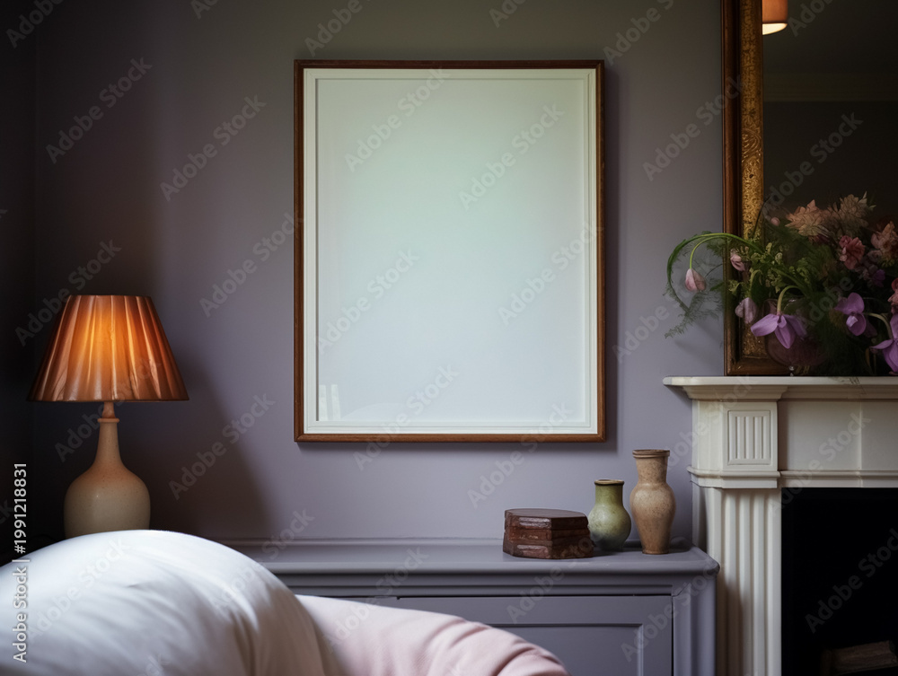 Naklejka premium Blank vertical poster frame mockup hanging on a purple wall, creating a clean elegant art display