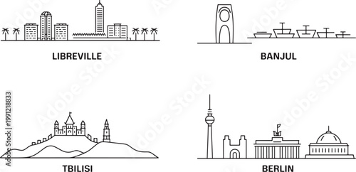 City skyline vector collection featuring famous architectural landmarks of libreville banjul tbilisi and berlin