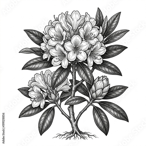 Rhododendron flower line art isolated in white background

