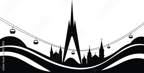 Cityscape silhouette featuring prominent architecture and aerial lift cable cars over hills