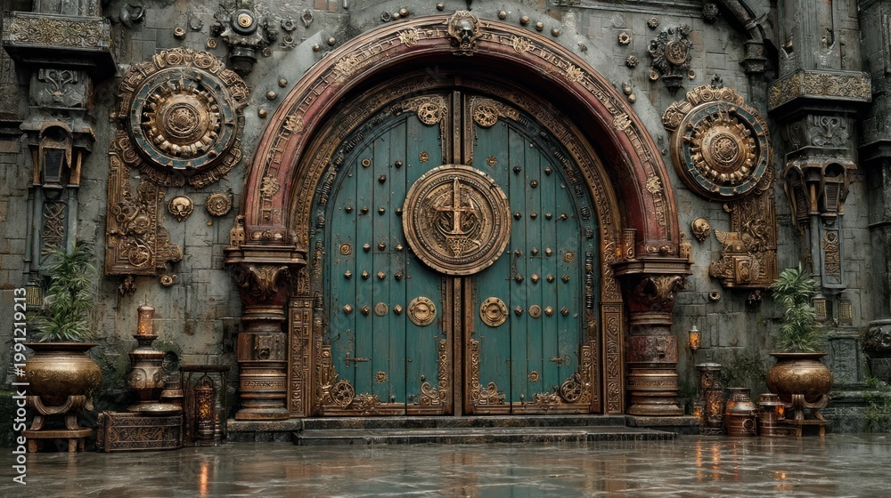 Obraz premium Ornate double doors, a steampunk aesthetic, intricate details, and aged textures