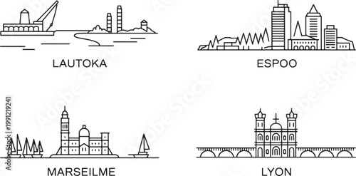 Lautoka Espoo Marseille and Lyon thin line skylines collection for world travel design projects
