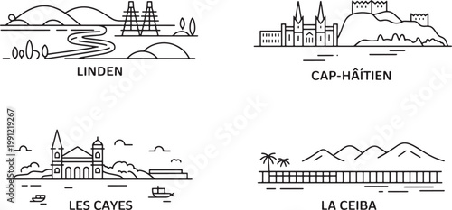Line art vector icons showing Linden Cap Haitien Les Cayes and La Ceiba cityscapes