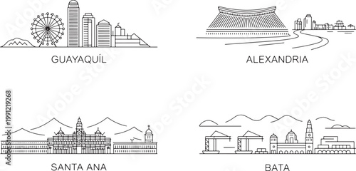 Line icons of world skylines guayaquil alexandria santa ana bata including ecuador egypt el salvador equatorial guinea