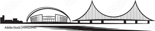 Modern city waterfront silhouette with stadium dome and large suspension bridge crossing river
