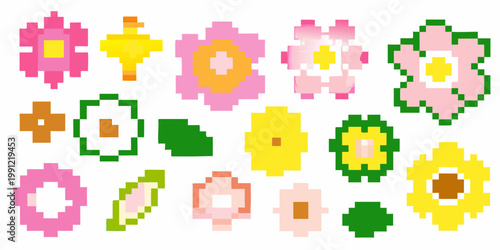 Colorful pixel art flowers in various shapes and vibrant hues