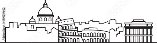 Rome cityscape with colosseum and pantheon iconic landmarks detailed line art vector