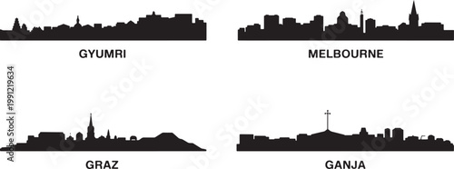 Set of 4 isolated skylines with city names, architectural silhouettes on transparent background