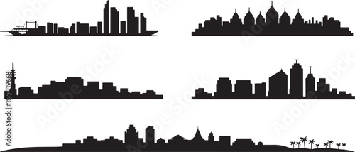 Set of 6 isolated skylines of different cities, architectural silhouettes on transparent background