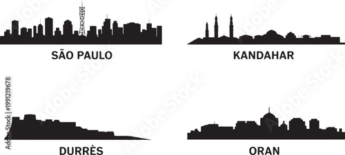 Set of 4 isolated skylines with city names, architectural silhouettes on transparent background
