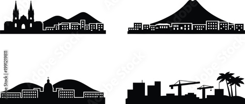 Silhouette landscapes with volcanic mountains and coastal city buildings for scenic background