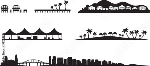 Silhouette vector collection featuring tropical resorts seaside towns market tents and detailed waterfront skylines