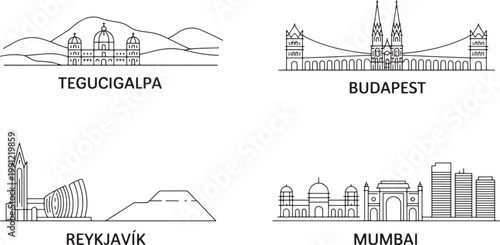 Tegucigalpa Budapest Reykjavik Mumbai city skylines travel and tourism line icon set