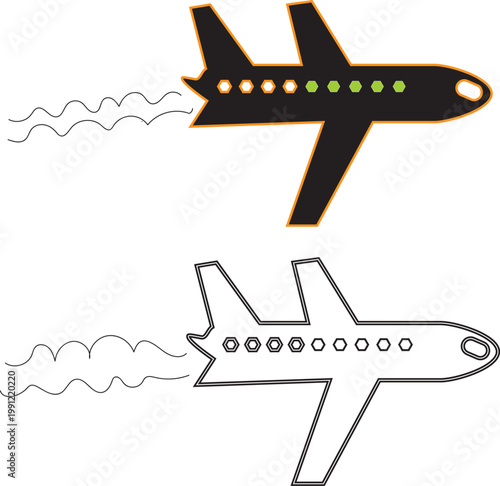 Airplane flying with smoke trail colorful and outline illustration
