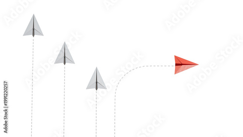 Fotografía Red paper plane out of line with white paper to change disrupt and finding new normal way on blue background