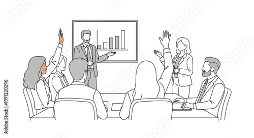 Business meeting with presentation and audience participation, hands raised for questions