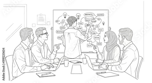 Diverse team collaborating on whiteboard strategy in modern office meeting room