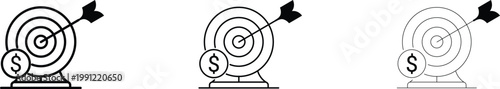 Target icon set black and white line art for goal achievement precision and success concepts