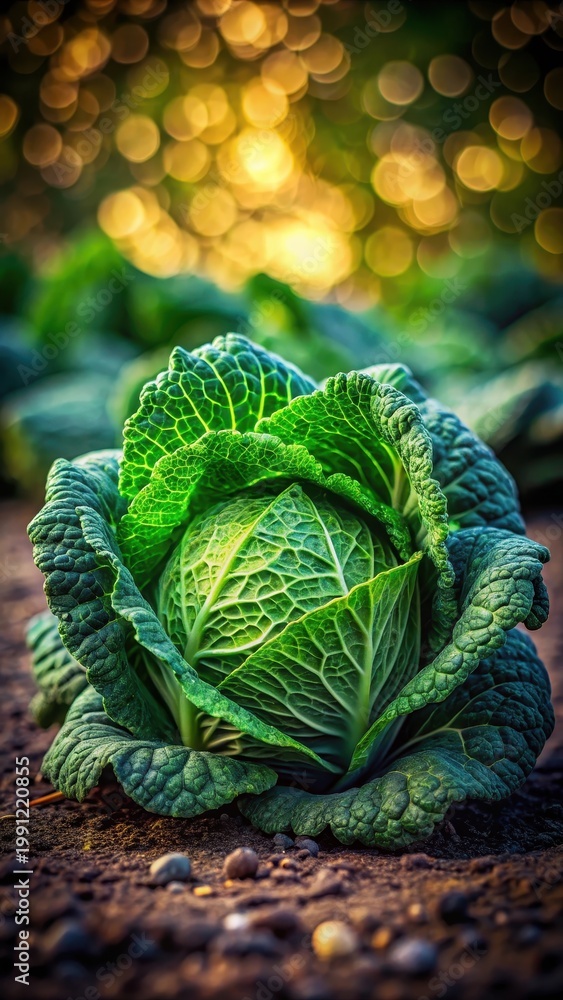 Fototapeta premium A realistic photo of A large green cabbage is sitting on the ground